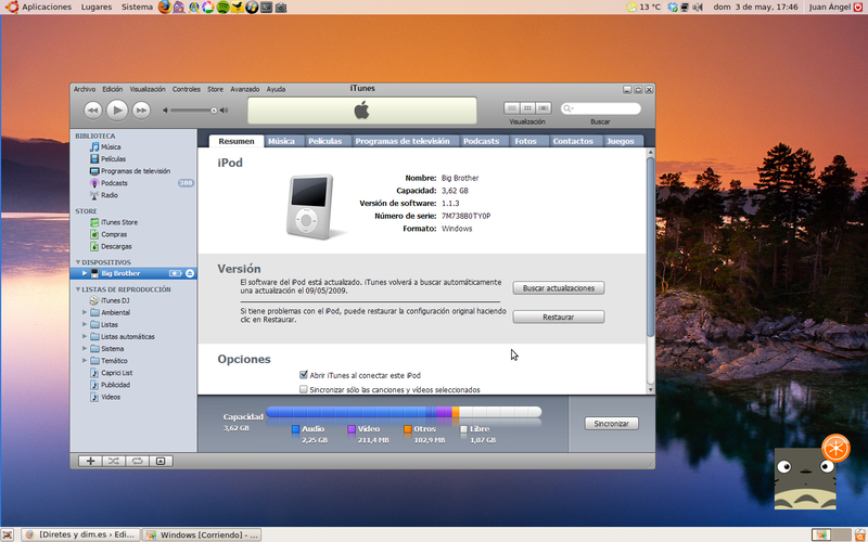 Captura de pantalla de Ubuntu 9.04, con iTunes virtualizado en primer plano.