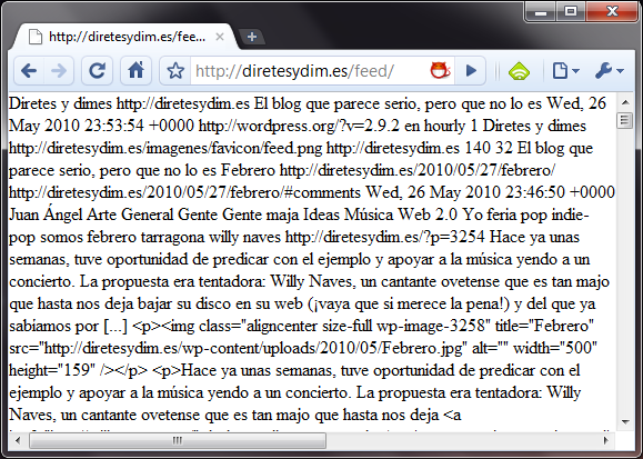 Captura de Chrome visualizando un feed RSS. Lo muestra sin estilos, volviéndolo ilegible.