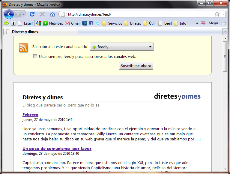Captura de Firefox visualizando un feed RSS. Es usable, legible directamente, y facilita suscribirse directamente o mediante otros lectores de feeds populares.
