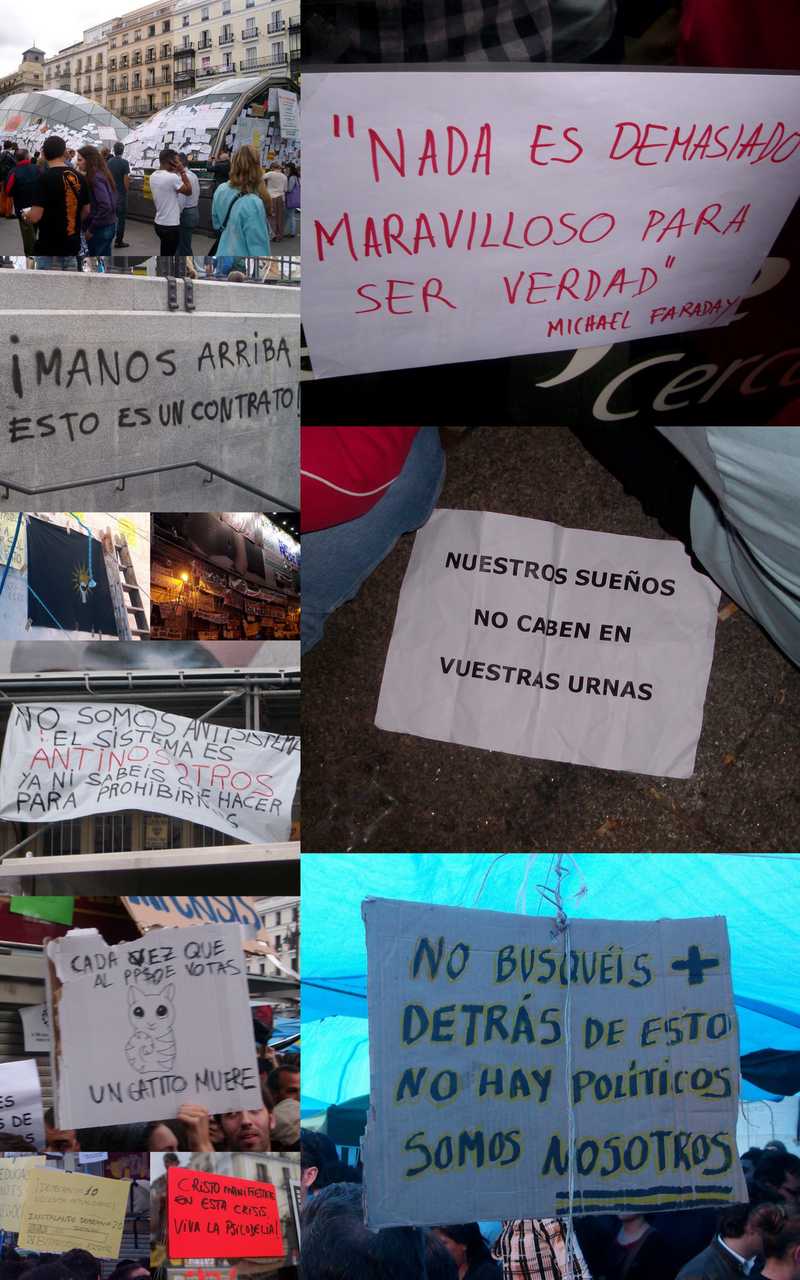 Collage con numerosas pancartas caseras vistas en las manifestaciones del 15M en Madrid.