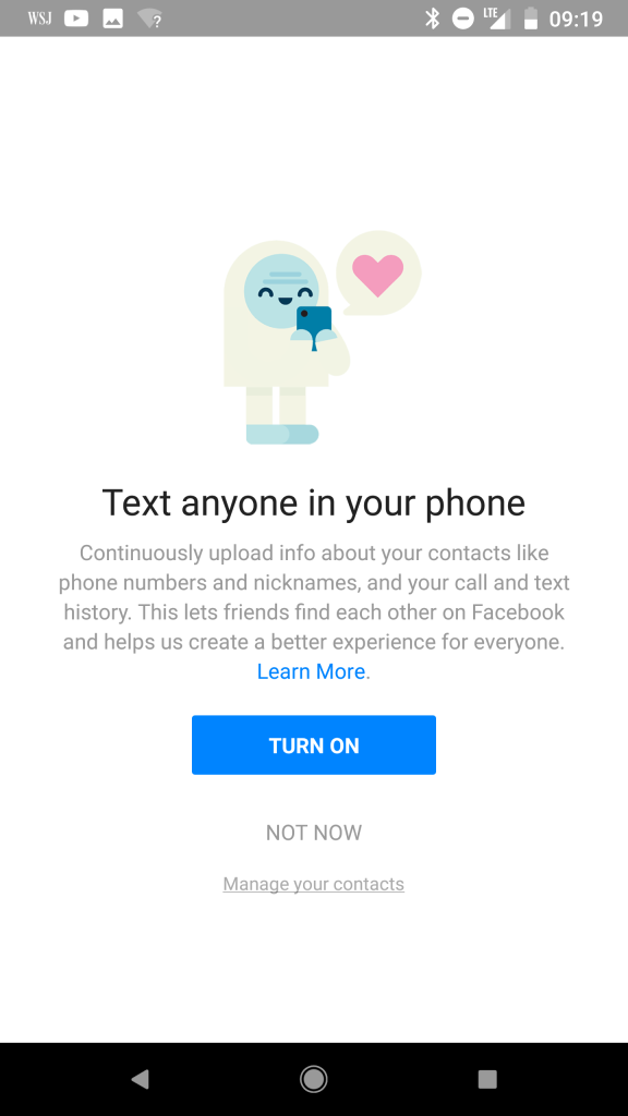 Captura de Facebook Messenger en Android, donde destaca un botón para aceptar que la aplicación gestione los SMS del dispositivo. La opción para rechazarlo es mucho menos perceptible.