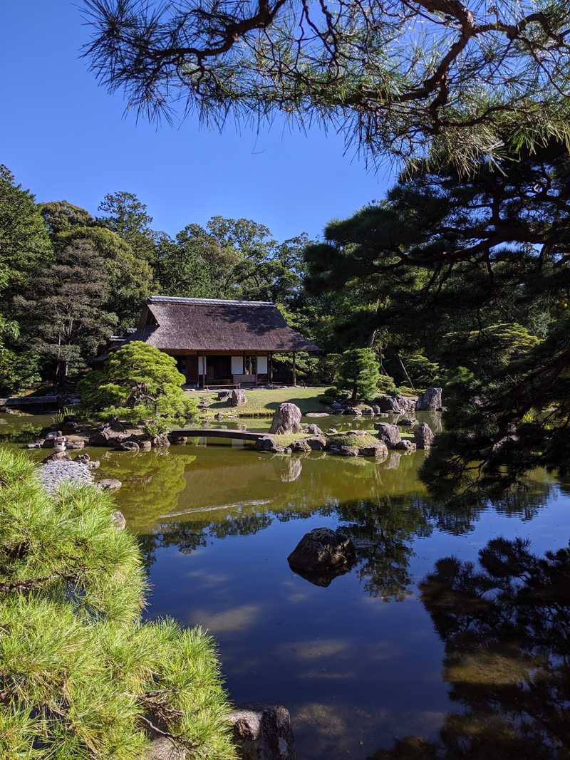 Estanque tranquilo y cuidados jardines del palacio de retiro imperial Katsura, en Kioto.