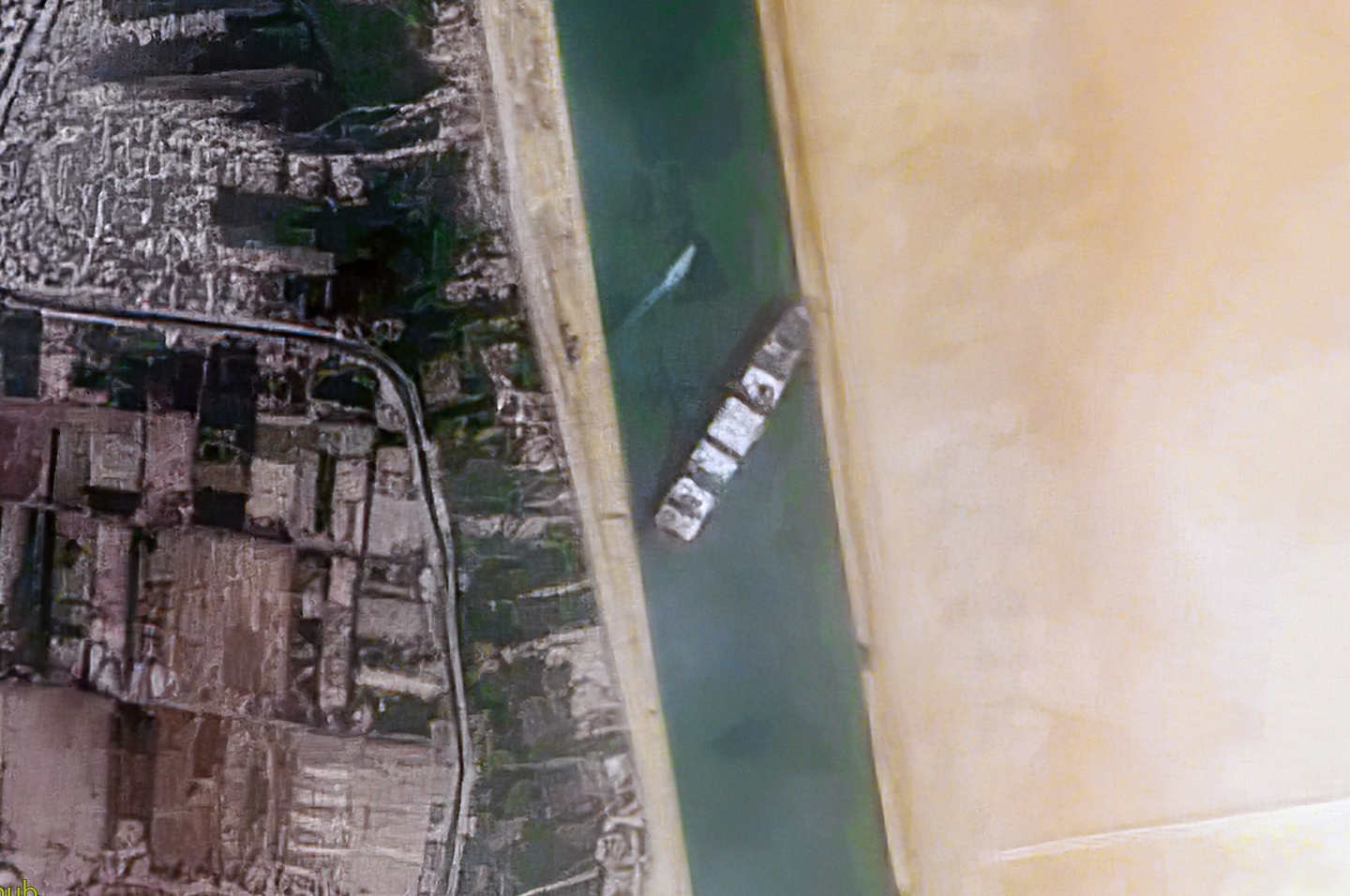 Vista de satélite del portacontenedores Ever Given, atascado en el canal de Suez en marzo de 2021