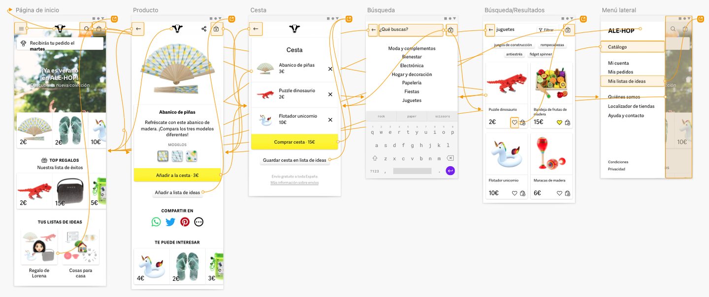 High fidelity wireframe of home and catalogue