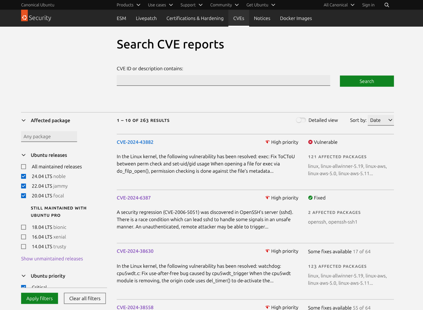 CVEs database search results on Ubuntu.com