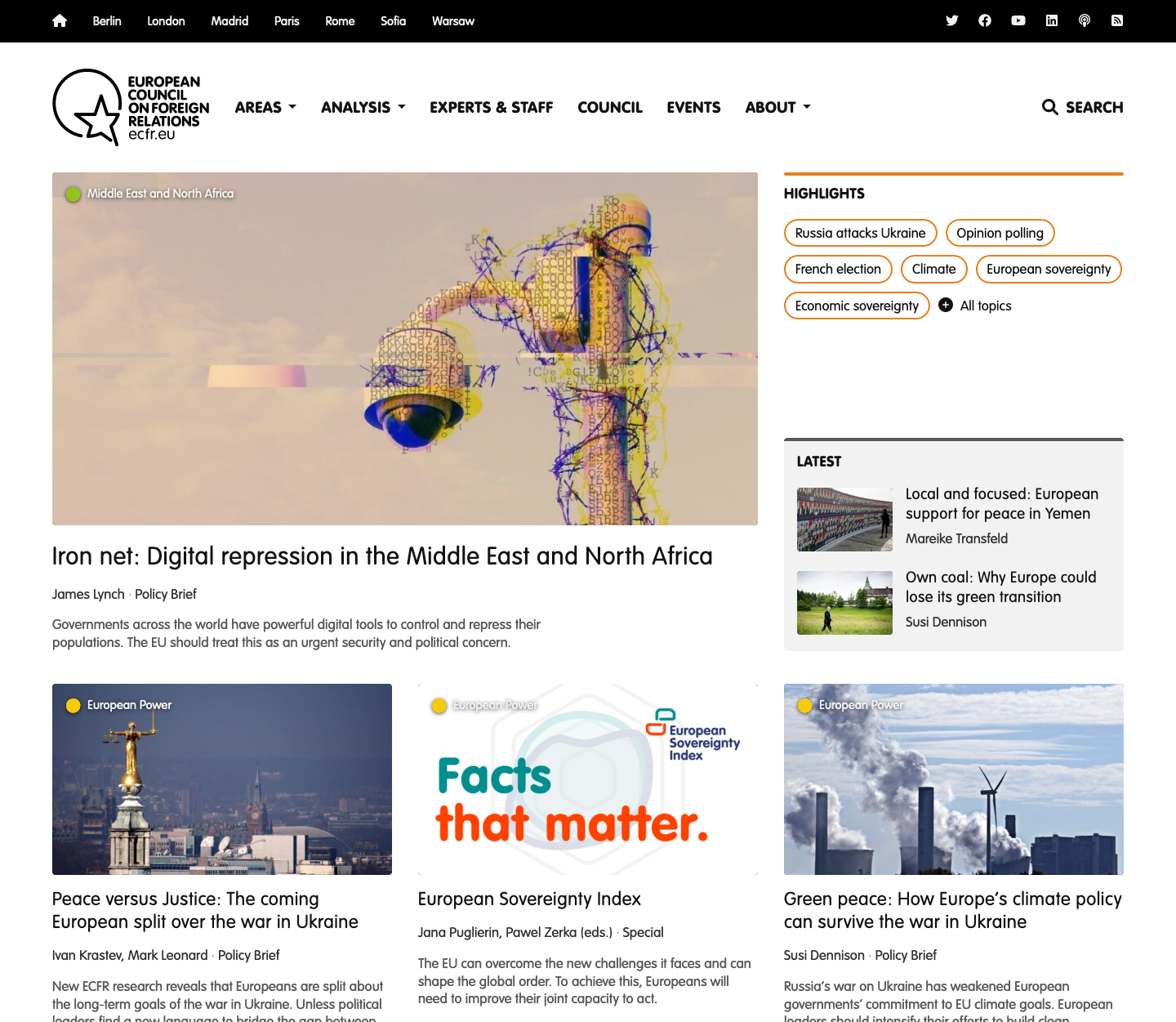 Screenshot of the homepage of ECFR’s website